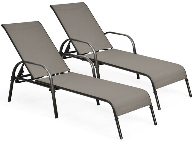 2 Pcs Patio Lounge Chair Chaise Fabric with Adjustable Reclining Armrest-Brown