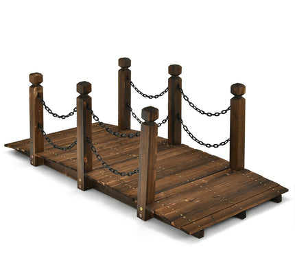 5 Ft Wooden Garden Bridge Arc Footbridge Stained Finish Walkway w/ Safety Rails