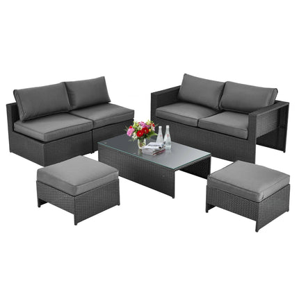 6-Piece Outdoor Rattan Patio Set with Glass Coffee Table & 2 Ottomans — Gray