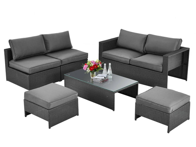 6-Piece Outdoor Rattan Patio Set with Glass Coffee Table & 2 Ottomans — Gray