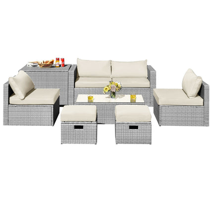 8-Piece Outdoor Rattan Patio Set with Storage Box, Waterproof Cover & Ottomans — Off White