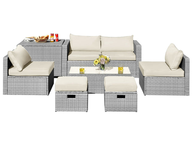 8-Piece Outdoor Rattan Patio Set with Storage Box, Waterproof Cover & Ottomans — Off White