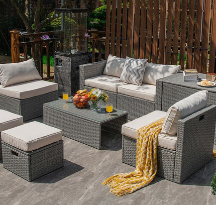 8-Piece Outdoor Rattan Patio Set with Storage Box, Waterproof Cover & Ottomans — Off White