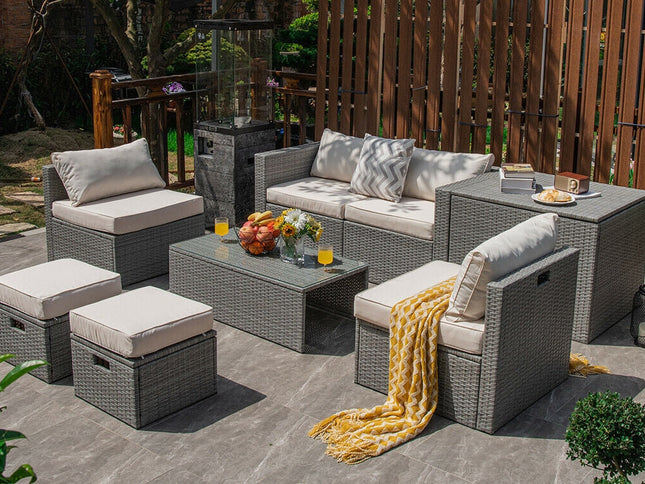 8-Piece Outdoor Rattan Patio Set with Storage Box, Waterproof Cover & Ottomans — Off White