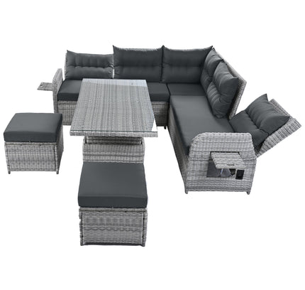 Outdoor Rattan Patio Furniture Set with Adjustable Recliners, Ottomans & Tables