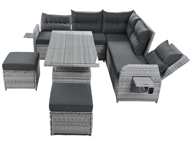 Outdoor Rattan Patio Furniture Set with Adjustable Recliners, Ottomans & Tables