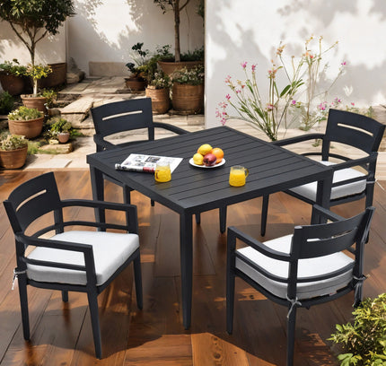 Outdoor Modern Dining Set, Chairs Sunbrella Cushioned And Dining Table With Umbrella Hole