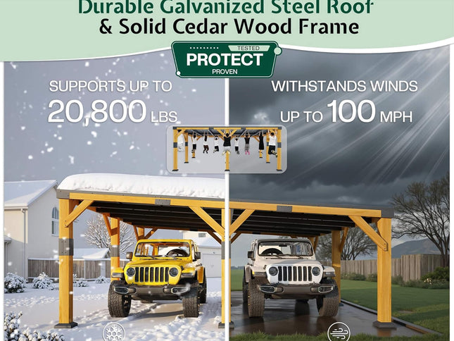 20X20FT Alora Heavy-Duty All-Weather Outdoor Cedar Wood Carport With Galvanized Steel Roof (SAK76145)