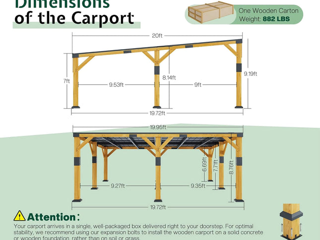 20X20FT Alora Heavy-Duty All-Weather Outdoor Cedar Wood Carport With Galvanized Steel Roof (SAK76145)