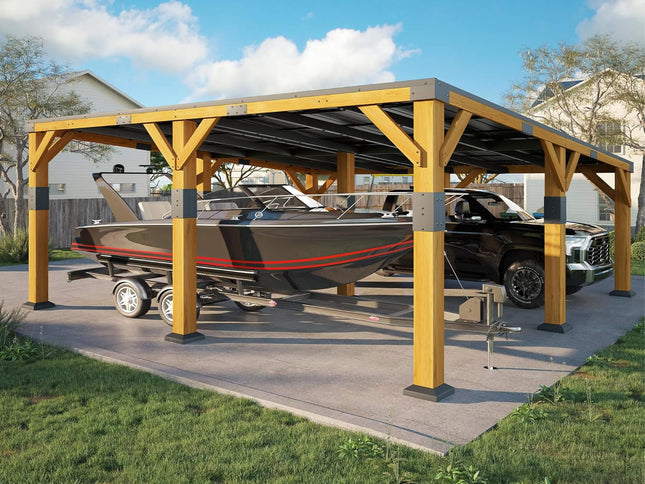 20X20FT Alora Heavy-Duty All-Weather Outdoor Cedar Wood Carport With Galvanized Steel Roof (SAK76145)