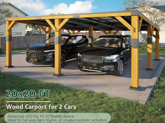 20X20FT Alora Heavy-Duty All-Weather Outdoor Cedar Wood Carport With Galvanized Steel Roof (SAK76145)