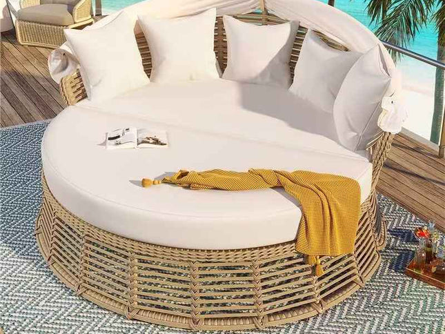 Outdoor Patio Rattan Round Daybed with Retractable Canopy, Wicker