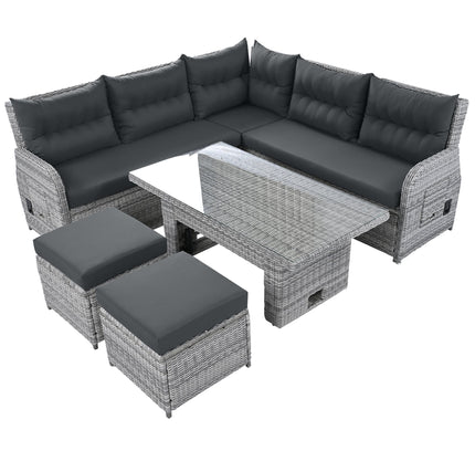 Outdoor Rattan Patio Furniture Set with Adjustable Recliners, Ottomans & Tables