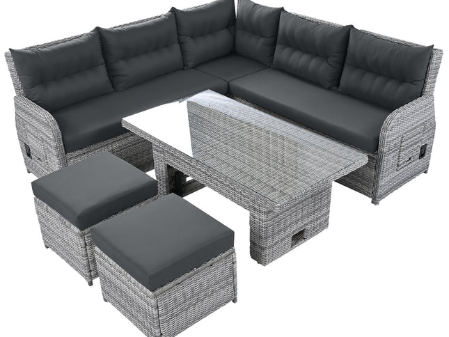 Outdoor Rattan Patio Furniture Set with Adjustable Recliners, Ottomans & Tables