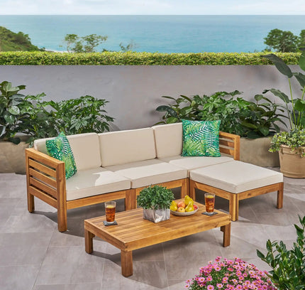 Cambridge L-Shape Acacia Wood Outdoor Sofa Set with Ottoman & Coffee Table
