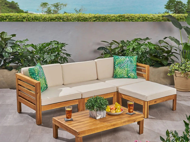 Cambridge L-Shape Acacia Wood Outdoor Sofa Set with Ottoman & Coffee Table