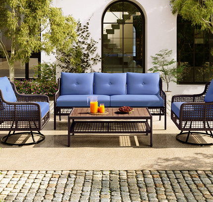 GO 4-Piece Outdoor PE Rattan Patio Set with 360° Swivel Chairs & Wood Coffee Table