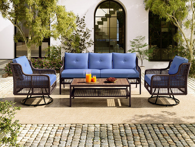 GO 4-Piece Outdoor PE Rattan Patio Set with 360° Swivel Chairs & Wood Coffee Table