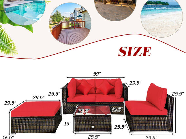5-Piece Outdoor Rattan Sectional Sofa Set with Ottoman & Coffee Table — Red