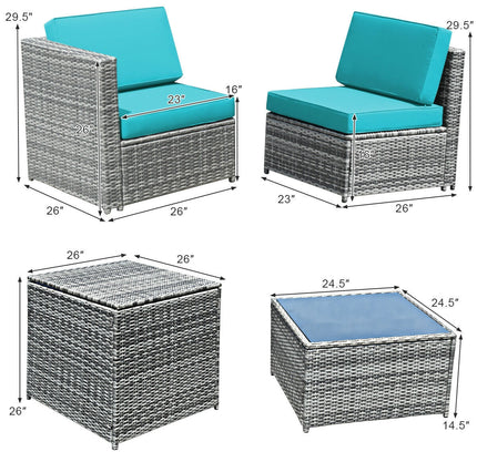 8-Piece Outdoor Wicker Rattan Sofa Set with Storage Box & Tempered Glass Table — Turquoise