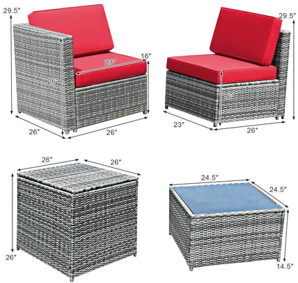 8-Piece Outdoor Wicker Rattan Sofa Set with Storage Box & Tempered Glass Table — Red