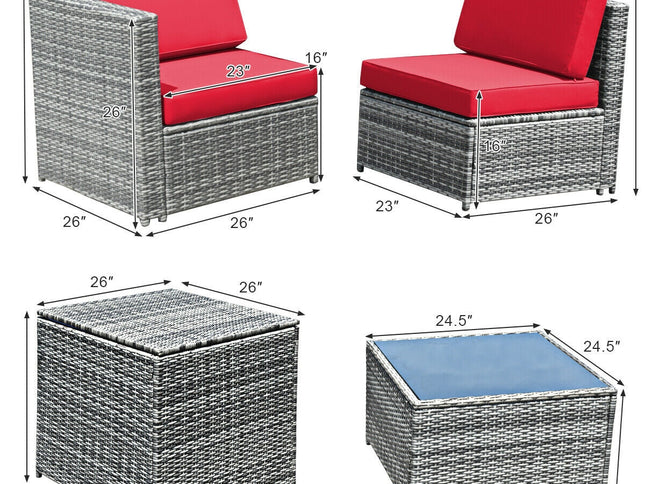8-Piece Outdoor Wicker Rattan Sofa Set with Storage Box & Tempered Glass Table — Red