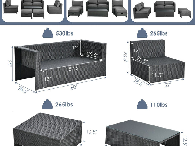 6-Piece Outdoor Rattan Patio Set with Glass Coffee Table & 2 Ottomans — Gray