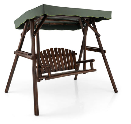 2-Person Outdoor Wooden Porch Swing with an Adjustable Canopy