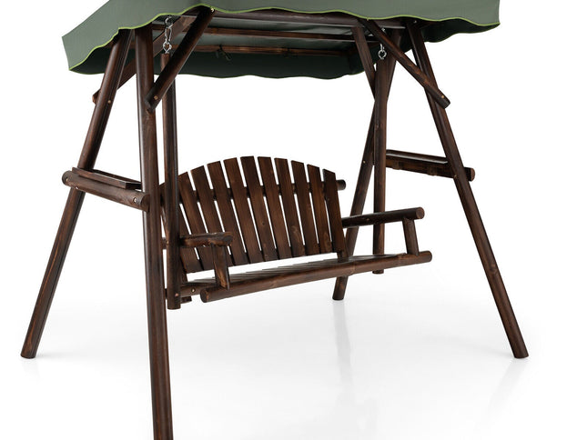 2-Person Outdoor Wooden Porch Swing with an Adjustable Canopy