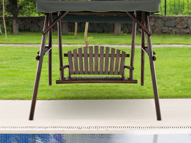 2-Person Outdoor Wooden Porch Swing with an Adjustable Canopy