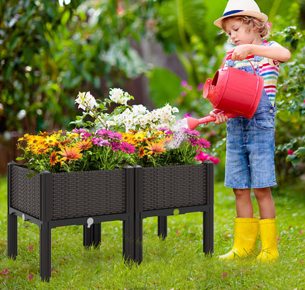 2 Set Elevated Plastic Raised Bed Planter Kit for Flower Vegetable Grow-Brown