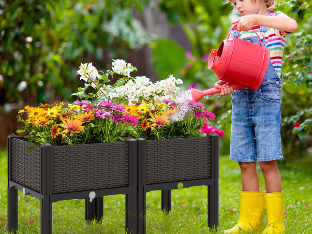 2 Set Elevated Plastic Raised Bed Planter Kit for Flower Vegetable Grow-Brown