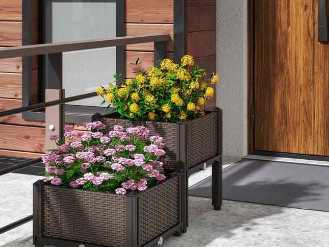 2 Set Elevated Plastic Raised Garden Bed Planter Kit for Flower Vegetable Grow-Brown
