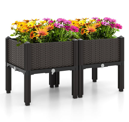 2 Set Elevated Plastic Raised Bed Planter Kit for Flower Vegetable Grow-Brown