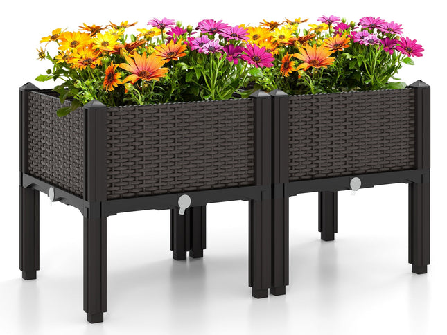 2 Set Elevated Plastic Raised Bed Planter Kit for Flower Vegetable Grow-Brown