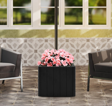 2-in-1 Outdoor Umbrella Base Planter Patio Umbrella Stand with Flower Box-Black