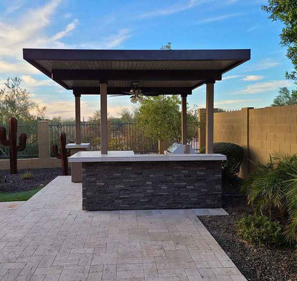 KoKoMo Outdoor Kitchen BBQ Island with 12' x 12' Pergola – Built-In 4-Burner Grill, Refrigerator, and Lighting