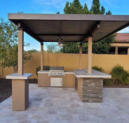 KoKoMo Outdoor Kitchen BBQ Island with 12' x 12' Pergola – Built-In 4-Burner Grill, Refrigerator, and Lighting
