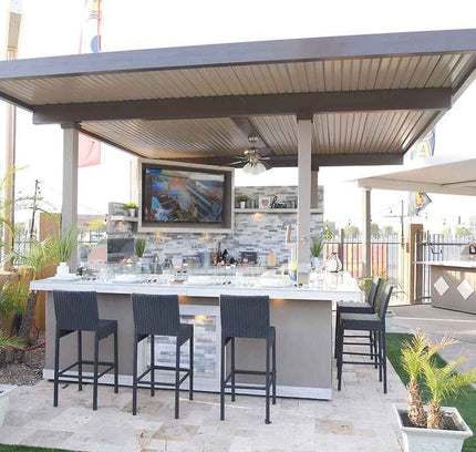 KoKoMo Bermuda Kitchen BBQ Island with Built-In TV, Fire Pit & Bar for Ultimate Outdoor Entertaining