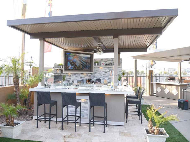 KoKoMo Bermuda Kitchen BBQ Island with Built-In TV, Fire Pit & Bar for Ultimate Outdoor Entertaining
