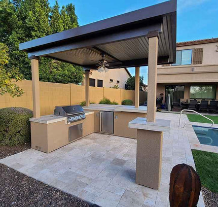 KoKoMo Outdoor Kitchen BBQ Island with 12' x 12' Pergola – Built-In 4-Burner Grill, Refrigerator, and Lighting