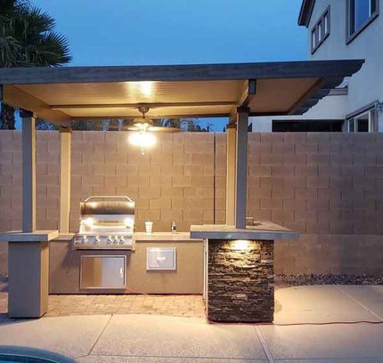 KoKoMo Outdoor Kitchen BBQ Island with 12' x 12' Pergola – Built-In 4-Burner Grill, Refrigerator, and Lighting