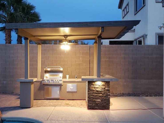 KoKoMo Outdoor Kitchen BBQ Island with 12' x 12' Pergola – Built-In 4-Burner Grill, Refrigerator, and Lighting