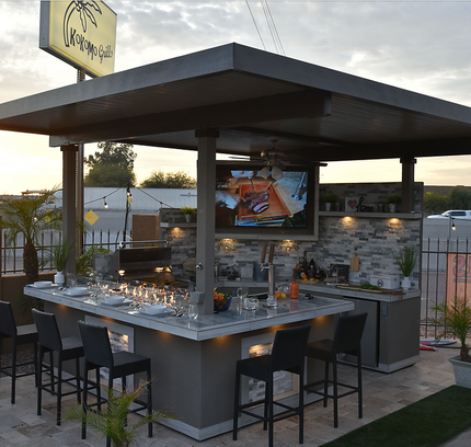 KoKoMo Bermuda Kitchen BBQ Island with Built-In TV, Fire Pit & Bar for Ultimate Outdoor Entertaining