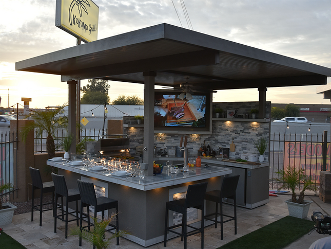 KoKoMo Bermuda Kitchen BBQ Island with Built-In TV, Fire Pit & Bar for Ultimate Outdoor Entertaining