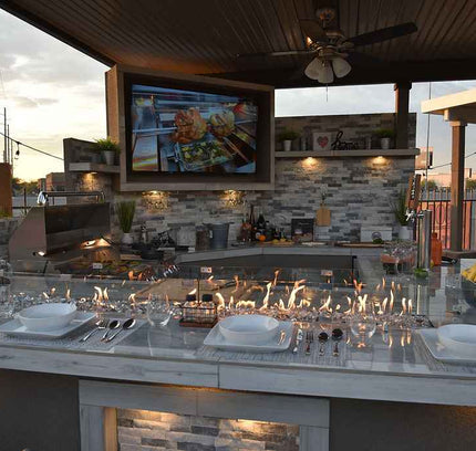 KoKoMo Bermuda Kitchen BBQ Island with Built-In TV, Fire Pit & Bar for Ultimate Outdoor Entertaining