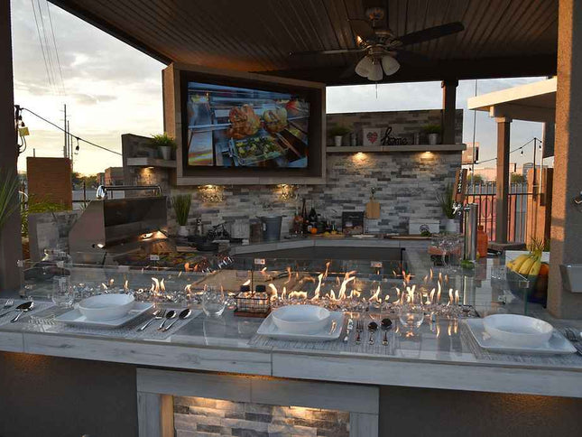KoKoMo Bermuda Kitchen BBQ Island with Built-In TV, Fire Pit & Bar for Ultimate Outdoor Entertaining