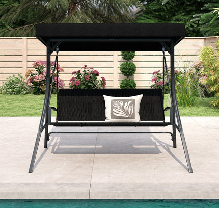 3-Person Porch Swing with Stand Outdoor Canopy Swing with Rattan Seat Back-Black