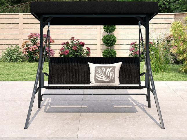 3-Person Porch Swing with Stand Outdoor Canopy Swing with Rattan Seat Back-Black