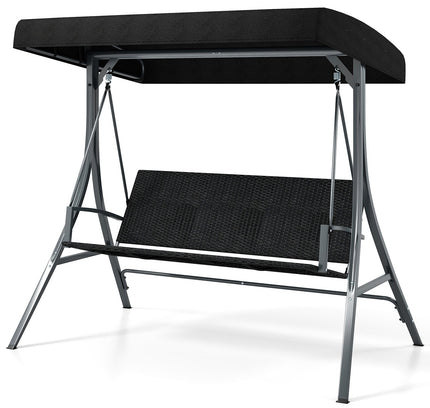 3-Person Porch Swing with Stand Outdoor Canopy Swing with Rattan Seat Back-Black